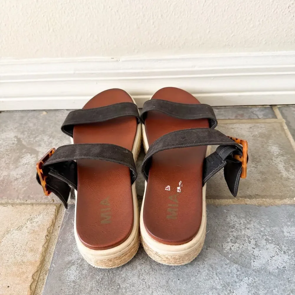 MIA Carleen Platform Sandals Black Buckle Espadrille Size 9 Womens